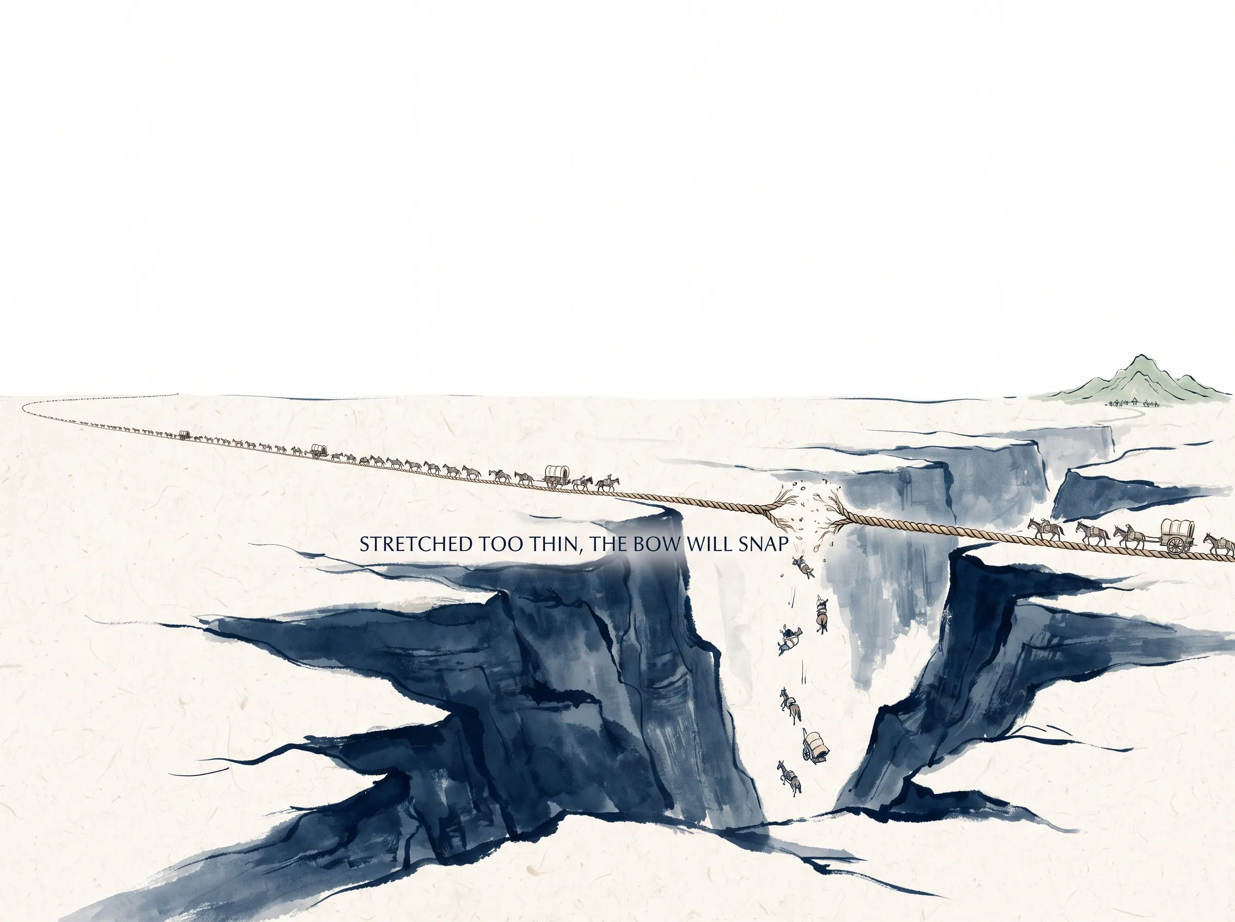 a long supply line of pack horses and wagons drawn out into an absurdly thin, fragile thread across thousands of miles of arid desert canyons, the central rope fraying violently under tension in contemporary literati Chinese ink cartoon style with Prussian blue ink wash, sage green accents, and Xuan paper negative space, illustrating stretched too thin, the bow will snap, embodying 过度扩张的资源拉伸断裂：橡皮筋被拉伸到极致即将崩断，前线连战连捷而补给线拉长三千里，后方民怨沸腾国库空虚，危机已达临界 on ChiDestiny