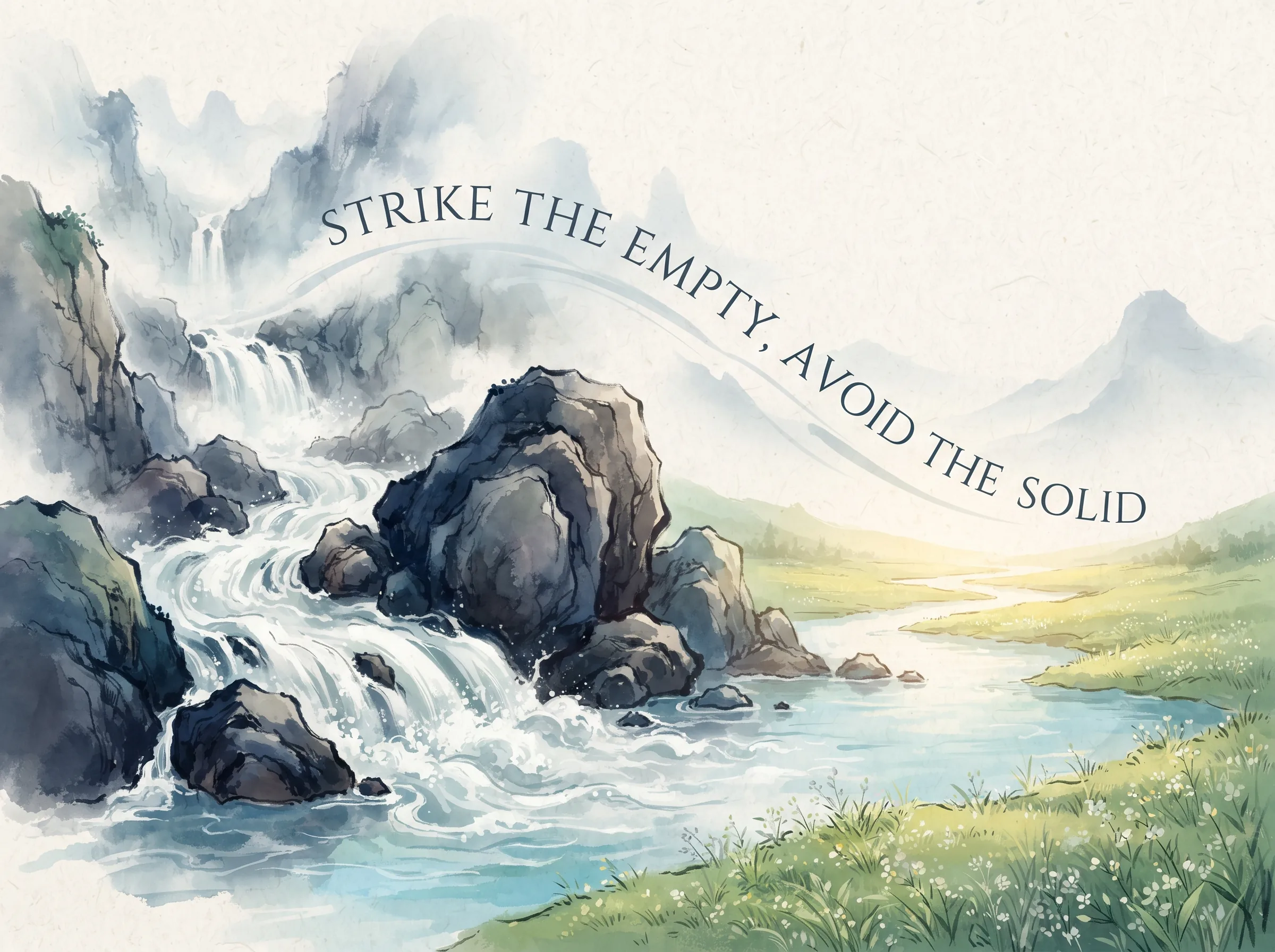 dynamic poetic metaphor of a clear mountain torrent of water effortlessly cascading around massive jagged dark boulders to flow directly into a wide open sunny valley, deep Prussian blue water rapids and rock shadows, soothing sage green valley grasses in contemporary literati Chinese ink cartoon style with Prussian blue ink wash, sage green accents, and Xuan paper negative space, illustrating strike the empty, avoid the solid, embodying 避实击虚如水之就下：水流轻柔绕过坚不可摧的巨石山岩，奔涌注入空旷无防的洼地，不拼血肉消耗，唯取结构巧劲 on ChiDestiny