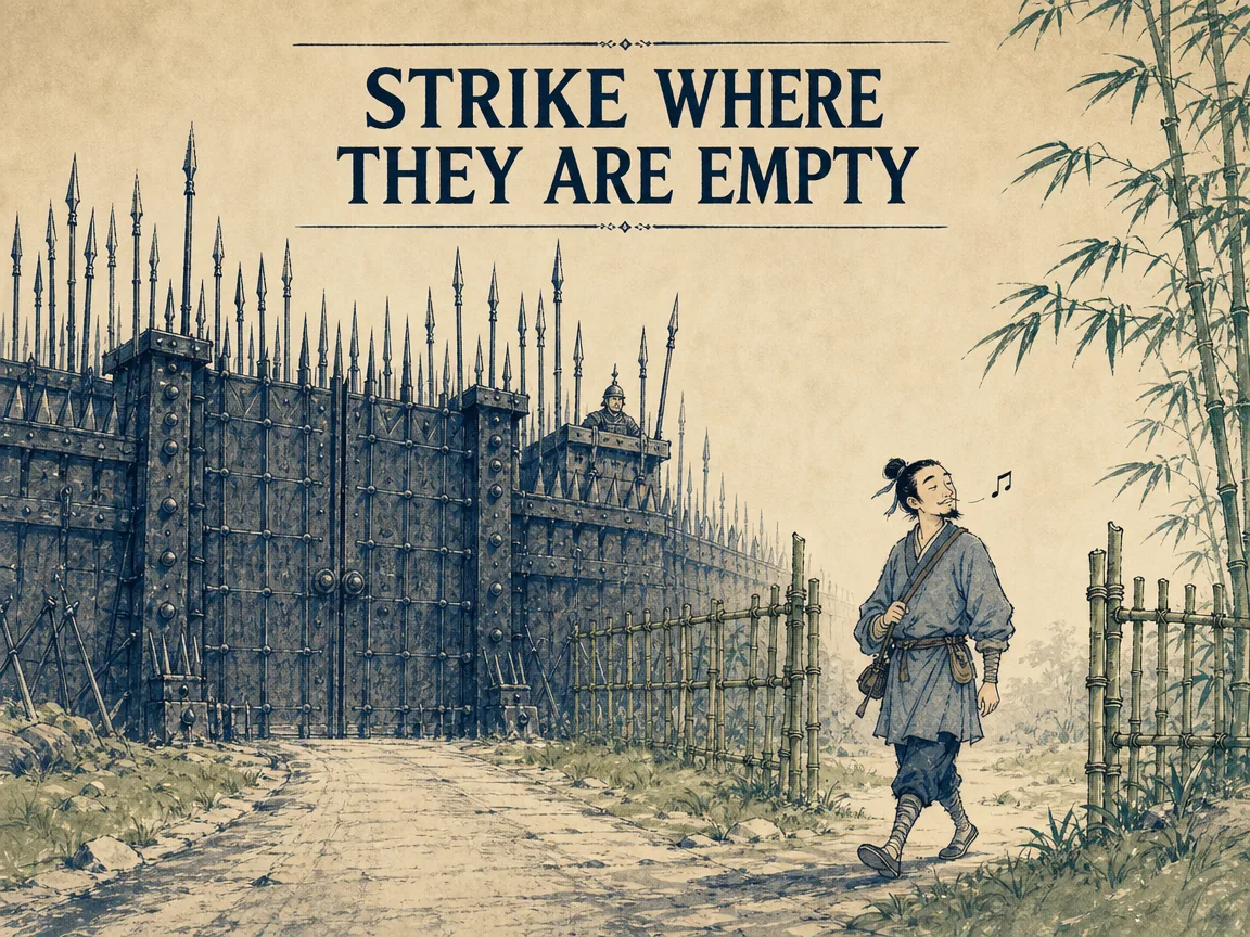 an enormous heavily fortified iron gate bristling with spears guarding an empty road, while an intelligent scout leisurely steps right past an unguarded open fence on the flank with an amused smile, Prussian blue textured dry-brush in contemporary literati Chinese ink cartoon style with Prussian blue ink wash, sage green accents, and Xuan paper negative space, illustrating strike where they are empty, embodying 重兵把守的坚固铁门前空无一人，而旁边敞开的小侧门里，智者早已悠闲信步走过，留下守军扑空的滑稽背影 on ChiDestiny