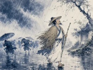 Exiled scholar in woven straw sandals holding a slender bamboo cane walking leisurely through wind and rain in dynamic humorous literati wash contrasting scurrying pedestrians with a relaxed strolling poet, illustrating Su Shi's supreme equanimity in exile, welcoming rain and sunshine alike with an untroubled heart on ChiDestiny