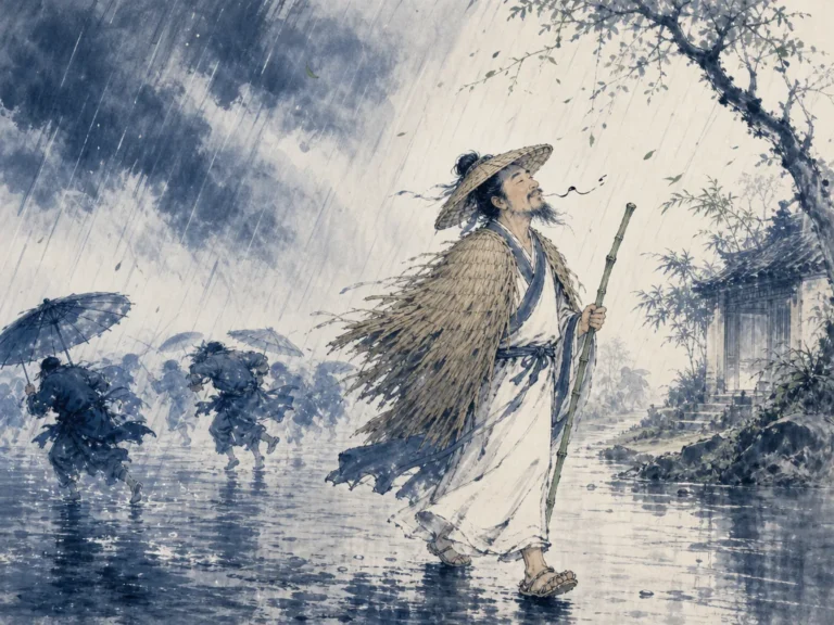Exiled scholar in woven straw sandals holding a slender bamboo cane walking leisurely through wind and rain in dynamic humorous literati wash contrasting scurrying pedestrians with a relaxed strolling poet, illustrating Su Shi's supreme equanimity in exile, welcoming rain and sunshine alike with an untroubled heart on ChiDestiny