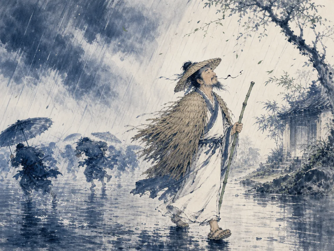 Exiled scholar in woven straw sandals holding a slender bamboo cane walking leisurely through wind and rain in dynamic humorous literati wash contrasting scurrying pedestrians with a relaxed strolling poet, illustrating Su Shi's supreme equanimity in exile, welcoming rain and sunshine alike with an untroubled heart on ChiDestiny