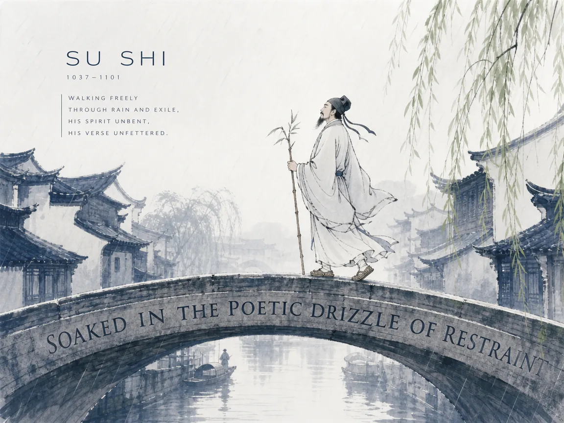 Su Shi wearing woven sandals and holding a rustic bamboo cane walking peacefully through gentle misty spring rain along a canal bridge, unfazed by wet weather or political exile in Prussian blue wash architecture and canals, muted sage green willow shoots, and spacious negative space, illustrating soaked in the poetic drizzle of restraint, embodying the Song dynasty aesthetic of understated elegance and quiet endurance on ChiDestiny