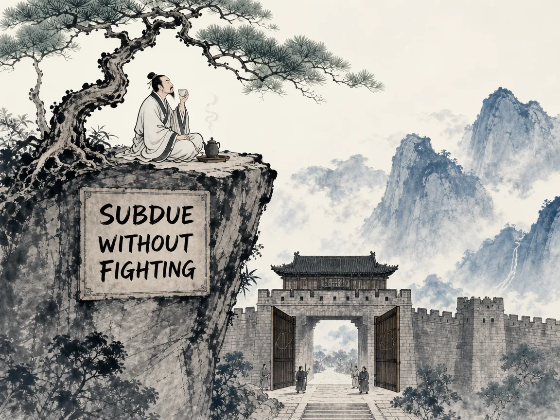 a calm philosophical scholar sipping hot tea under a twisted pine tree atop a cliff, below him a formidable stone fortress peacefully opens its massive doors without a single battle fought, rich Prussian blue mountain washes in contemporary literati Chinese ink cartoon style with Prussian blue ink wash, sage green accents, and Xuan paper negative space, illustrating subdue without fighting, embodying 军师独坐高崖松下悠然沏茶，对面坚不可摧的高耸城关竟大门敞开，守军弃戈含笑向松亭遥遥揖礼 on ChiDestiny