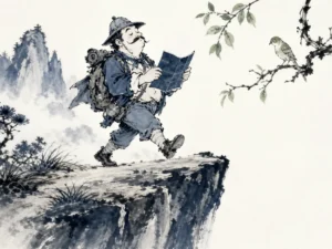 Traveler pausing at foggy cliff edge checking compass carefully rather than rushing forward along worn track in atmospheric misty mountain wash with sharp focal clarity on compass needle, illustrating questioning premature certainty to avoid walking blindly into structural errors on ChiDestiny