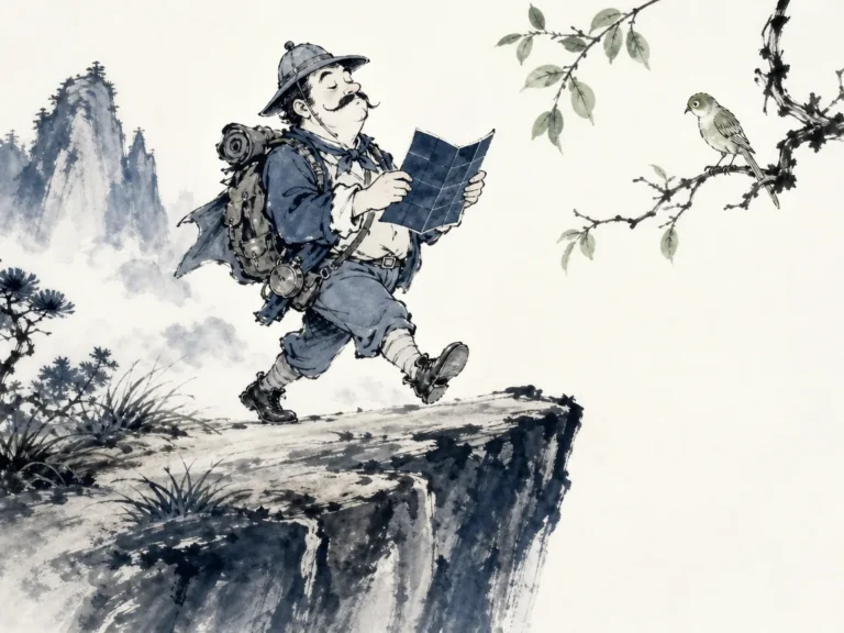Traveler pausing at foggy cliff edge checking compass carefully rather than rushing forward along worn track in atmospheric misty mountain wash with sharp focal clarity on compass needle, illustrating questioning premature certainty to avoid walking blindly into structural errors on ChiDestiny