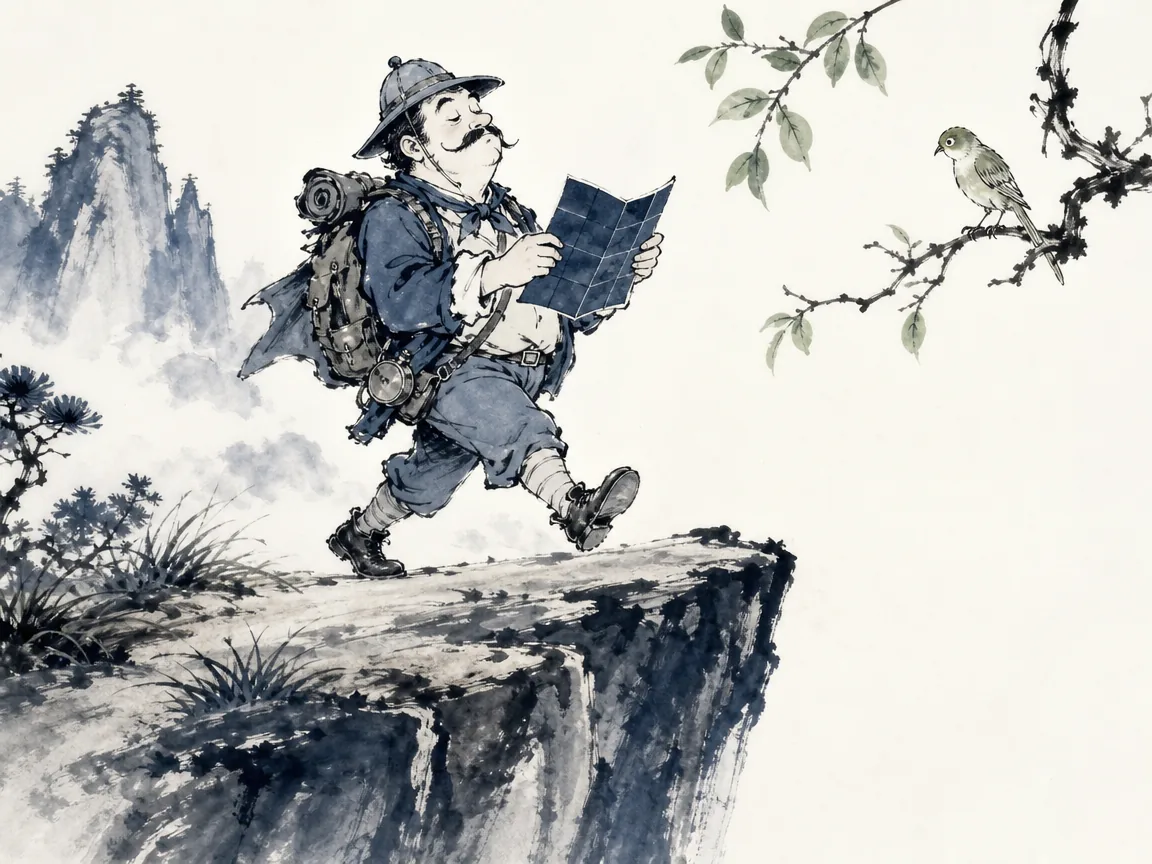 Traveler pausing at foggy cliff edge checking compass carefully rather than rushing forward along worn track in atmospheric misty mountain wash with sharp focal clarity on compass needle, illustrating questioning premature certainty to avoid walking blindly into structural errors on ChiDestiny