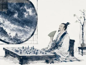 Commander in traditional robe examining inscribed bamboo counting rods over parchment territory map by candlelight in quiet strategy hall in refined Song-style literati ink painting with warm amber lantern glow, illustrating temple calculations assessing five fundamental factors to secure victory prior to battle on ChiDestiny