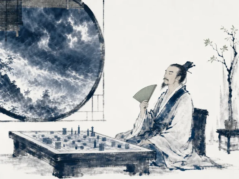 Commander in traditional robe examining inscribed bamboo counting rods over parchment territory map by candlelight in quiet strategy hall in refined Song-style literati ink painting with warm amber lantern glow, illustrating temple calculations assessing five fundamental factors to secure victory prior to battle on ChiDestiny