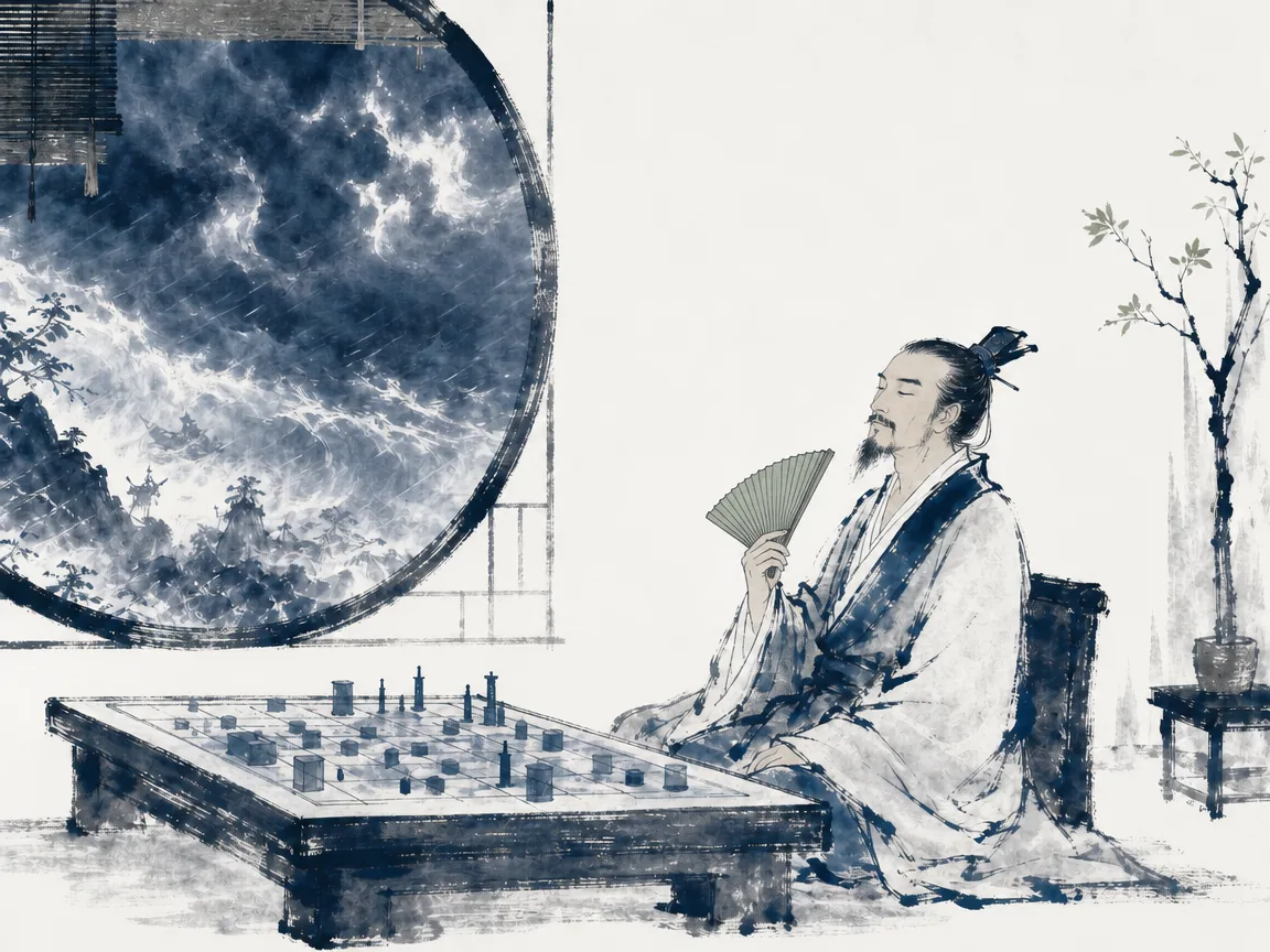 Commander in traditional robe examining inscribed bamboo counting rods over parchment territory map by candlelight in quiet strategy hall in refined Song-style literati ink painting with warm amber lantern glow, illustrating temple calculations assessing five fundamental factors to secure victory prior to battle on ChiDestiny