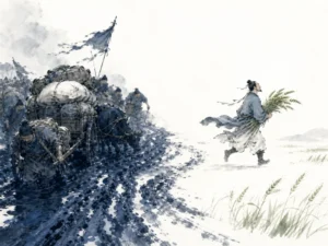 Long disciplined supply caravan of horse carts carrying provisions moving swiftly through misty mountain valley at dawn in expansive classical Chinese monochrome landscape wash with atmospheric depth, illustrating the severe economic costs of protracted conflict and the supreme value of swift decisive action on ChiDestiny