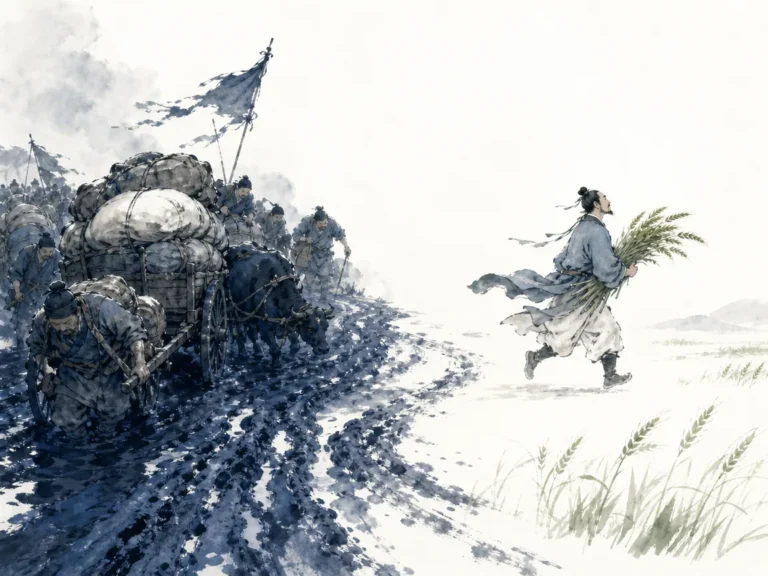 Long disciplined supply caravan of horse carts carrying provisions moving swiftly through misty mountain valley at dawn in expansive classical Chinese monochrome landscape wash with atmospheric depth, illustrating the severe economic costs of protracted conflict and the supreme value of swift decisive action on ChiDestiny