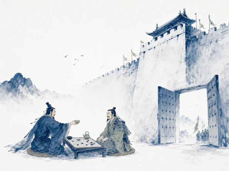 Two opposing military leaders sharing tea peacefully over a wooden go board while unbroken banners rest in distant valley in poetic Chinese literati brushwork with balanced negative space and serene harmony, illustrating subduing resistance without direct armed confrontation as the pinnacle of strategic excellence on ChiDestiny