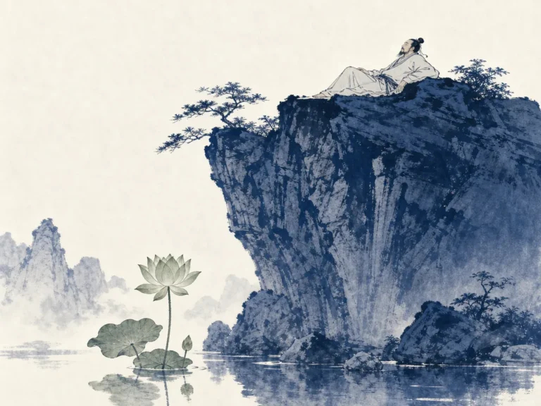 Imposing stone fortress wall blending seamlessly into sheer granite mountain cliff beneath tranquil open skies in structured architectural Chinese ink painting with rugged mineral textures, illustrating establishing invulnerability through defense and patiently waiting for external vulnerability to emerge on ChiDestiny