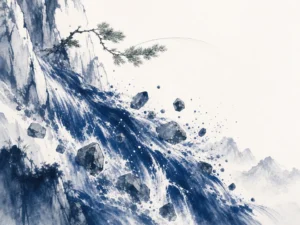 Roaring mountain cataract sending giant round boulders tumbling down steep rocky gorge with immense kinetic energy in dynamic high-contrast Chinese ink wash with energetic flying-white brushwork, illustrating unleashing unstoppable momentum through the harmonious pairing of direct and indirect forces on ChiDestiny