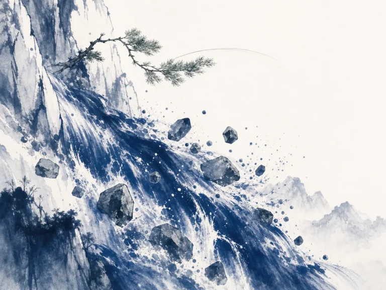 Roaring mountain cataract sending giant round boulders tumbling down steep rocky gorge with immense kinetic energy in dynamic high-contrast Chinese ink wash with energetic flying-white brushwork, illustrating unleashing unstoppable momentum through the harmonious pairing of direct and indirect forces on ChiDestiny