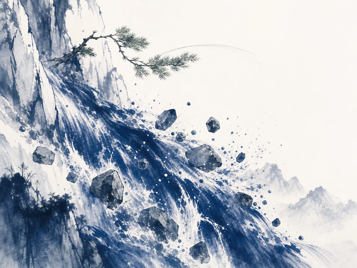 Roaring mountain cataract sending giant round boulders tumbling down steep rocky gorge with immense kinetic energy in dynamic high-contrast Chinese ink wash with energetic flying-white brushwork, illustrating unleashing unstoppable momentum through the harmonious pairing of direct and indirect forces on ChiDestiny