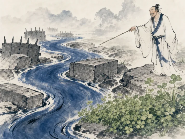Clear river water coursing gracefully around granite boulders to fill natural empty lowlands with gentle effortless flow in fluid calligraphic Chinese ink wash in subtle slate-blue and ink gradations, illustrating avoiding entrenched strength and penetrating empty voids just as water shapes its course to terrain on ChiDestiny