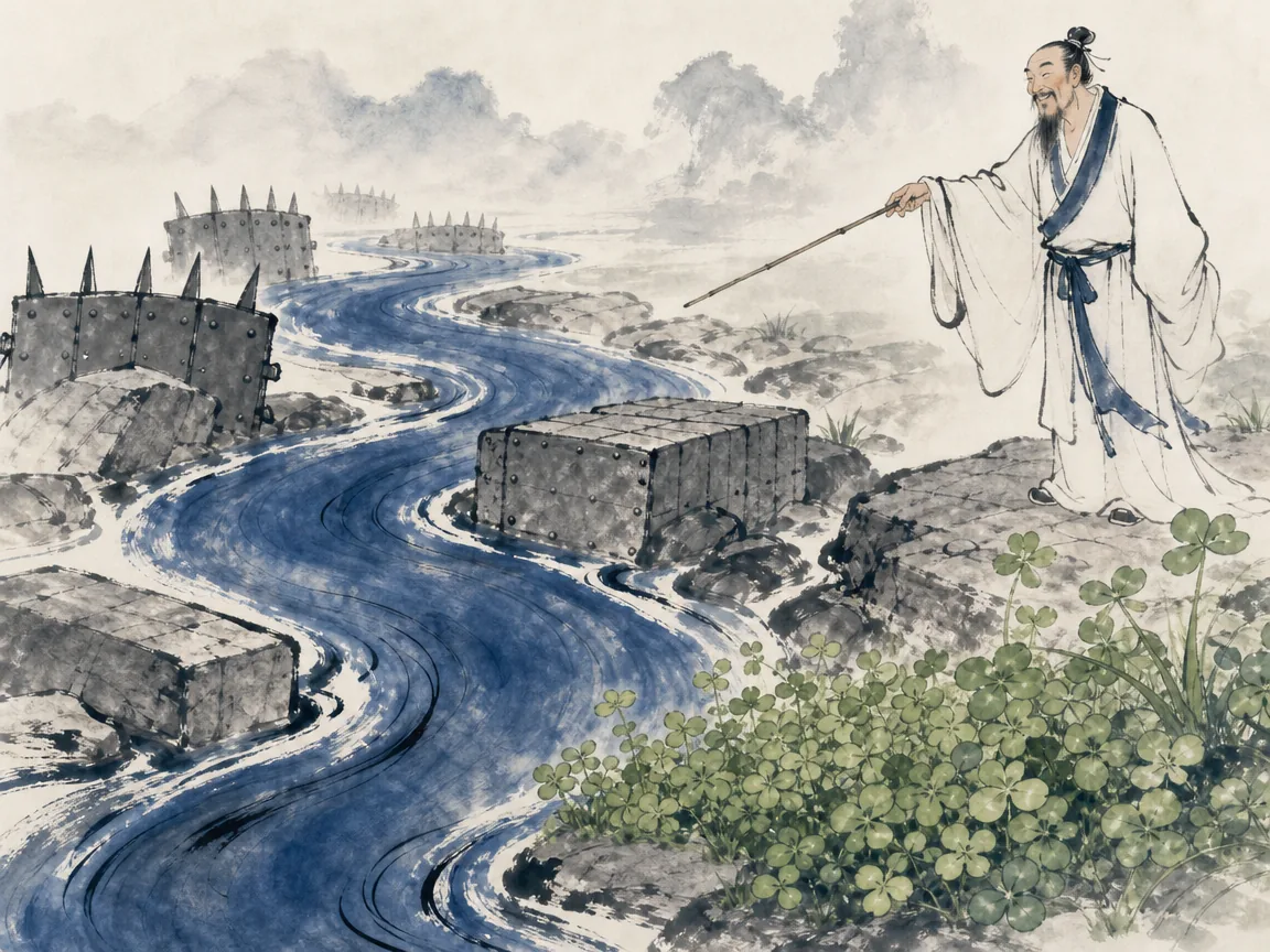 Clear river water coursing gracefully around granite boulders to fill natural empty lowlands with gentle effortless flow in fluid calligraphic Chinese ink wash in subtle slate-blue and ink gradations, illustrating avoiding entrenched strength and penetrating empty voids just as water shapes its course to terrain on ChiDestiny