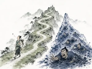 Scout on high ridge waving silk signal banners guiding marching troops along hidden winding mountain pass at sunrise in dramatic panoramic Chinese ink landscape with sweeping diagonal compositions, illustrating transforming roundabout circuitous paths into direct advantages through disciplined coordination on ChiDestiny