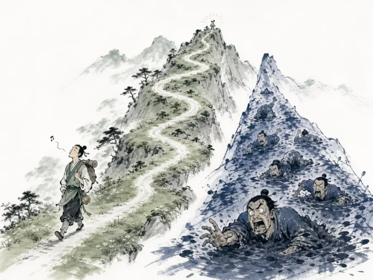 Scout on high ridge waving silk signal banners guiding marching troops along hidden winding mountain pass at sunrise in dramatic panoramic Chinese ink landscape with sweeping diagonal compositions, illustrating transforming roundabout circuitous paths into direct advantages through disciplined coordination on ChiDestiny