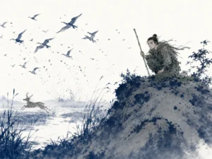 Lookout peering through morning mist as flock of wild birds suddenly rises from deep bamboo forest in distance in perceptive atmospheric Chinese brush wash with delicate wildlife and foliage details, illustrating interpreting subtle environmental signals to diagnose hidden adversary movements and intentions on ChiDestiny