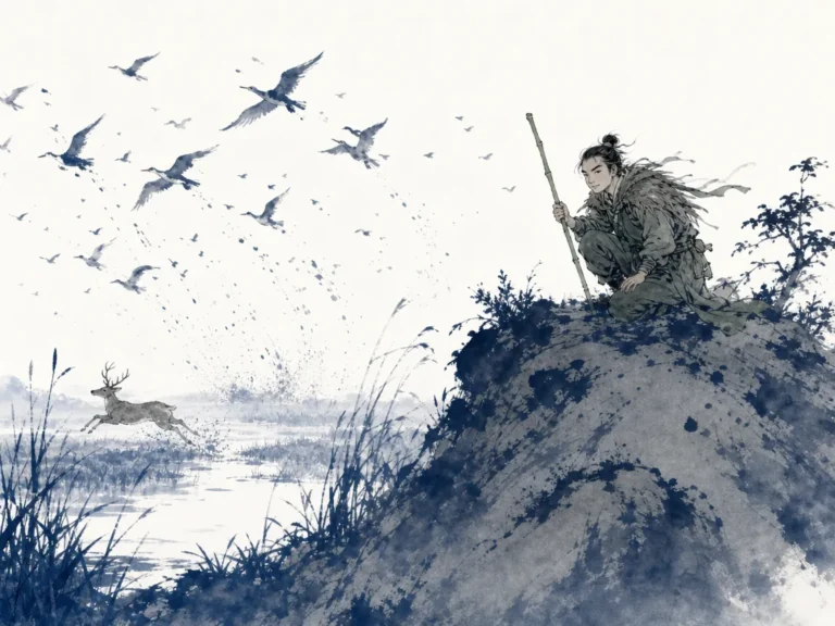 Lookout peering through morning mist as flock of wild birds suddenly rises from deep bamboo forest in distance in perceptive atmospheric Chinese brush wash with delicate wildlife and foliage details, illustrating interpreting subtle environmental signals to diagnose hidden adversary movements and intentions on ChiDestiny