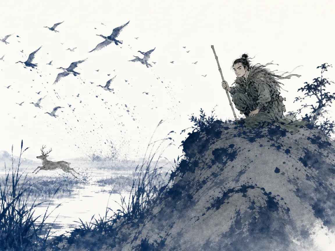 Lookout peering through morning mist as flock of wild birds suddenly rises from deep bamboo forest in distance in perceptive atmospheric Chinese brush wash with delicate wildlife and foliage details, illustrating interpreting subtle environmental signals to diagnose hidden adversary movements and intentions on ChiDestiny