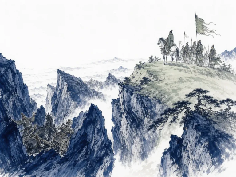Detailed topographic scroll map displaying mountain passes, entangling valleys, and open plains beside traditional bronze sundial in scholarly cartographic Chinese ink wash study with delicate line contours, illustrating aligning action with physical geography and exercising independent ethical command for troop safety on ChiDestiny