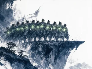 Mythical serpent coiled vigilantly atop craggy granite peak ready to strike simultaneously with head, body, and tail in mythological symbolic Chinese brush painting with tense kinetic energy, illustrating navigating crisis terrain by forging shared destiny and unbreakable collective cohesion on ChiDestiny