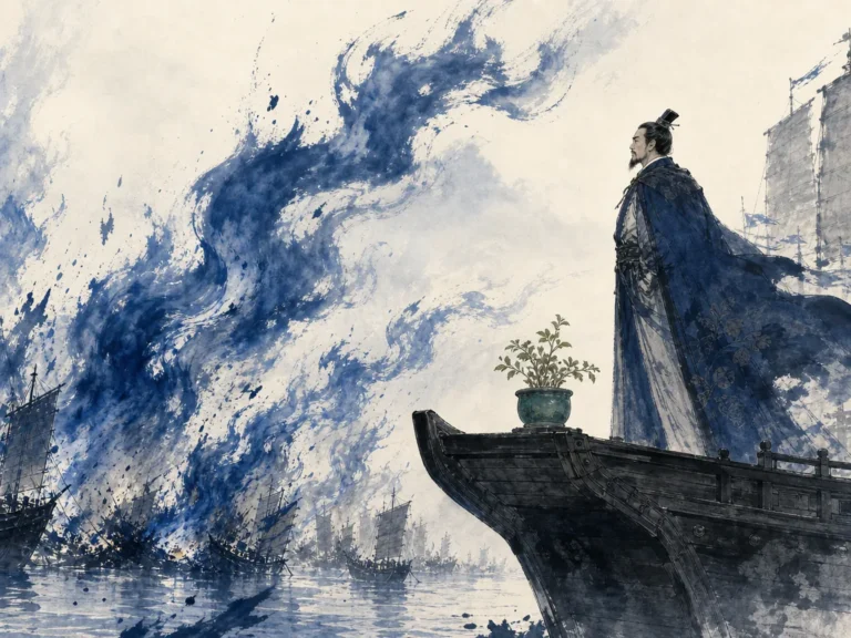 Controlled signal beacon burning steadily on high watchtower under twilight sky while winds sweep across autumn steppe in luminous chiaroscuro Chinese ink painting featuring rich charcoal washes and warm amber embers, illustrating timing decisive catalysts with environmental conditions while practicing strict emotional self-discipline on ChiDestiny