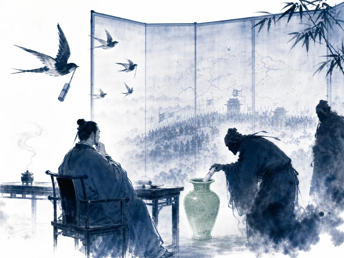 Cloaked scholar quietly handing sealed bamboo cylinder to trusted courier beneath drooping willow branches near moat in mysterious nuanced literati wash with subtle moonlight and shadow contrasts, illustrating gathering precise human intelligence to illuminate future outcomes rather than relying on guesswork on ChiDestiny
