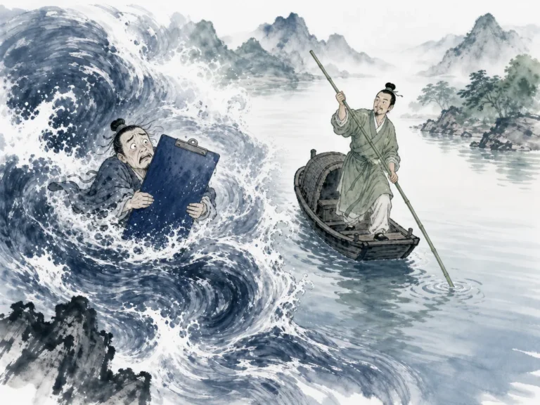 Raftsman skillfully guiding long bamboo raft through turbulent white-water rapids using single rudder pole in dynamic flowing Chinese river wash with powerful water swirls and calm oarsman, illustrating maintaining adaptive composure and direction while navigating volatile changing currents on ChiDestiny