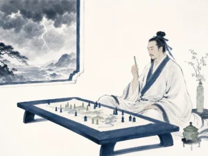 Contemporary executive pausing thoughtfully beside modern glass window overlooking bustling port with ancient bronze abacus on desk in modern literati ink wash blending traditional Chinese geometry with contemporary architectural lines, illustrating applying temple calculations to eliminate impulsive guesswork when facing high-stakes decisions on ChiDestiny