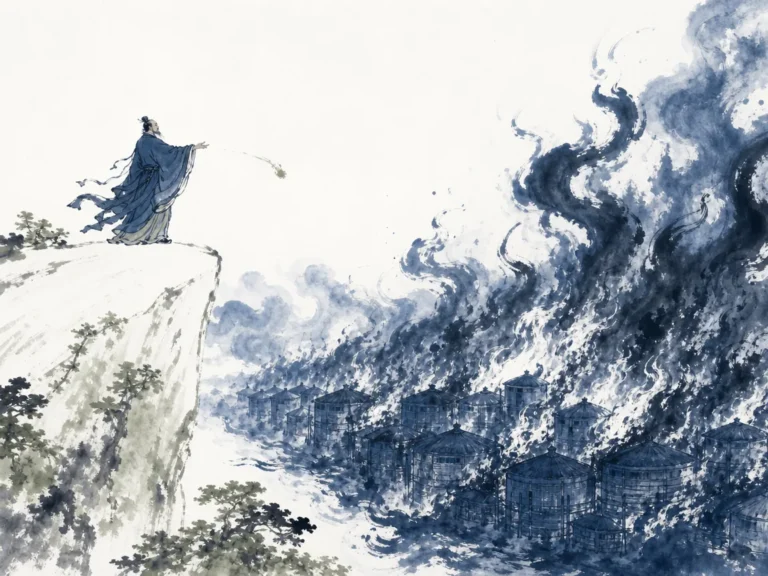 Dry autumn grass catching single spark from flint and expanding rapidly into clean controlled line across field in evocative Chinese ink and color painting capturing spark, dry grass, and autumn wind, illustrating timing decisive catalysts when conditions are primed so minimal effort achieves maximum transformation on ChiDestiny