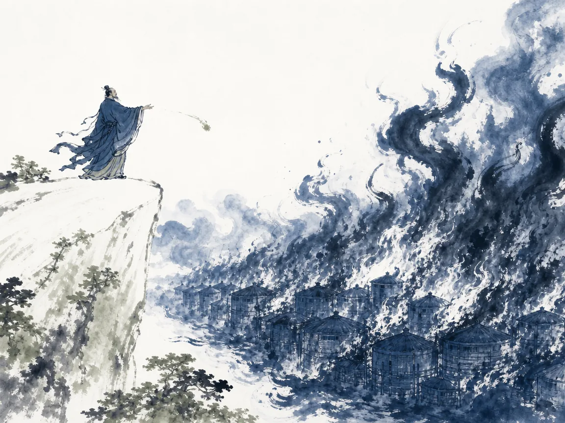 Dry autumn grass catching single spark from flint and expanding rapidly into clean controlled line across field in evocative Chinese ink and color painting capturing spark, dry grass, and autumn wind, illustrating timing decisive catalysts when conditions are primed so minimal effort achieves maximum transformation on ChiDestiny