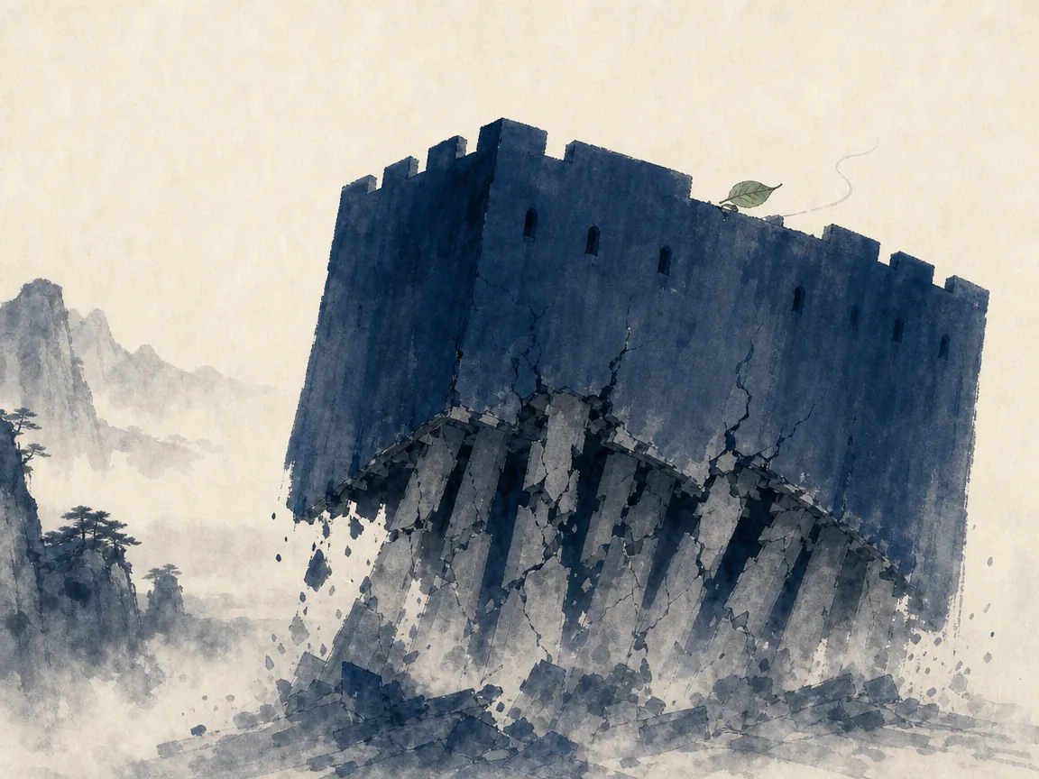 Master mason gently tapping a tiny wooden wedge into hairline fissure of massive stone column causing clean separation in precise architectural ink wash study highlighting structural physics and focus, illustrating perceiving hidden structural fragility beneath imposing facades of strength on ChiDestiny