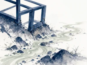 Detailed blueprint parchment paper flapping in mountain wind beside stone masonry blocks that do not fit the layout in thoughtful conceptual Chinese ink painting contrasting ideal plans with rough stone reality, illustrating identifying the hidden frictions between conceptual plans and frontline environmental realities on ChiDestiny