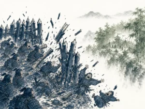 Martial artist sidestepping an oncoming charge with effortless pivot as opponent's strike hits empty air in crisp minimalist Chinese ink wash emphasizing agile balance and open space, illustrating evading aggressive demands to let external pressure dissipate safely into empty space on ChiDestiny