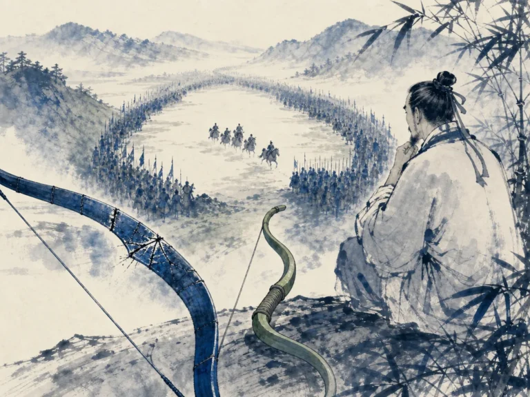 Tiger crouching silently in tall golden reed grass waiting patiently for prey to enter ideal striking distance in tense atmospheric Chinese wildlife wash with focused golden eyes and soft washes, illustrating understanding that premature action squanders surprise and exposes vital vulnerabilities on ChiDestiny