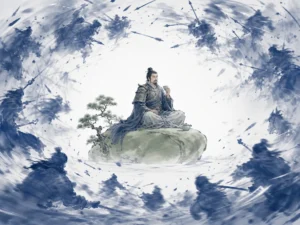 Solitary meditator sitting unperturbed on boulder in midst of swirling autumn leaves and stormy mountain gusts in peaceful centered monochrome ink painting contrasting inner stillness and outer wind, illustrating cultivating unshakable psychological equilibrium that remains clear when chaos erupts on ChiDestiny