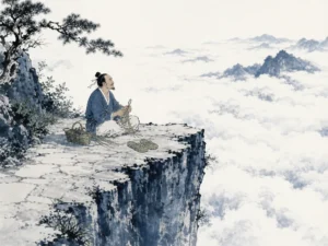 Hiker standing thoughtfully at mountain path terminus gazing at impassable vertical rock wall before turning to safe valley path in serene reflective mountain ink wash with wide atmospheric valley views, illustrating honoring realistic boundaries of capability to avoid reckless overreach into fatal territory on ChiDestiny