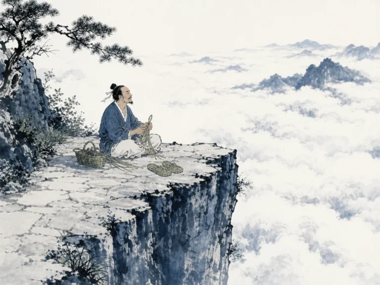 Hiker standing thoughtfully at mountain path terminus gazing at impassable vertical rock wall before turning to safe valley path in serene reflective mountain ink wash with wide atmospheric valley views, illustrating honoring realistic boundaries of capability to avoid reckless overreach into fatal territory on ChiDestiny