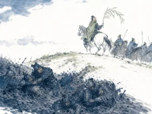 Solitary strategist stepping off crowded chessboard walkway into peaceful courtyard garden with blooming plum tree in poetic Chinese ink wash contrasting crowded competitive grids with tranquil open space, illustrating conserving vital energy by declining unprofitable battles and escaping attrition traps on ChiDestiny