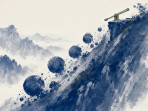 Enormous wooden waterwheel turning steadily with natural river current, quietly powering village grain mills without human effort in pastoral engineering Chinese ink painting with rhythmic circular motion, illustrating relying on natural structural momentum rather than overburdening individual heroes on ChiDestiny