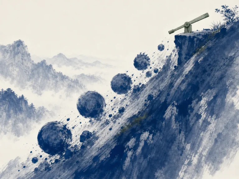Enormous wooden waterwheel turning steadily with natural river current, quietly powering village grain mills without human effort in pastoral engineering Chinese ink painting with rhythmic circular motion, illustrating relying on natural structural momentum rather than overburdening individual heroes on ChiDestiny