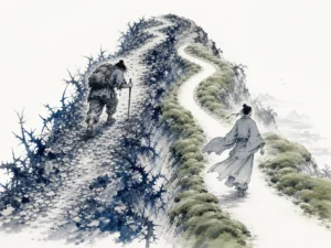Mountain stream finding narrow curving fissure through hard granite canyon, carving deep smooth channel effortlessly in luminous water landscape wash with deep indigo and grey tonal contrasts, illustrating channeling energy through structural paths of least resistance to conserve strength on ChiDestiny