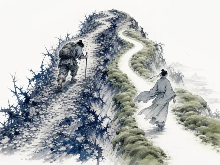 Mountain stream finding narrow curving fissure through hard granite canyon, carving deep smooth channel effortlessly in luminous water landscape wash with deep indigo and grey tonal contrasts, illustrating channeling energy through structural paths of least resistance to conserve strength on ChiDestiny