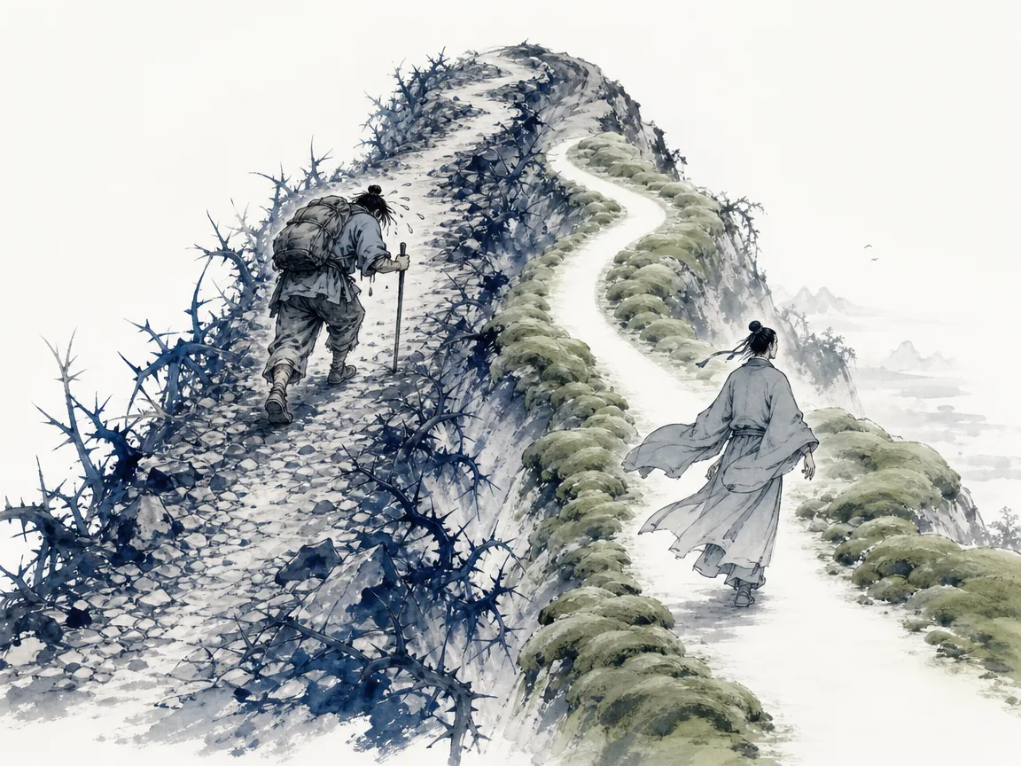 Mountain stream finding narrow curving fissure through hard granite canyon, carving deep smooth channel effortlessly in luminous water landscape wash with deep indigo and grey tonal contrasts, illustrating channeling energy through structural paths of least resistance to conserve strength on ChiDestiny