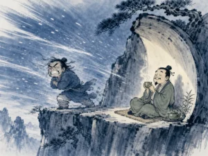 Farmer resting under straw pavilion while naturally sloping irrigation furrows feed flourishing rice terraces below in pastoral agrarian Chinese ink wash reflecting peaceful unforced productivity, illustrating relying on intentional spatial and systemic architecture rather than exhausting daily willpower on ChiDestiny
